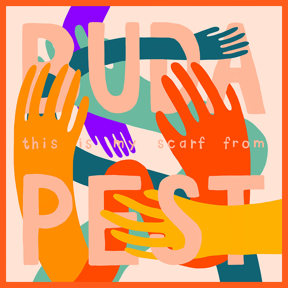 Silk scarf - "This is my scarf from Budapest" - 70x70 cm - orange