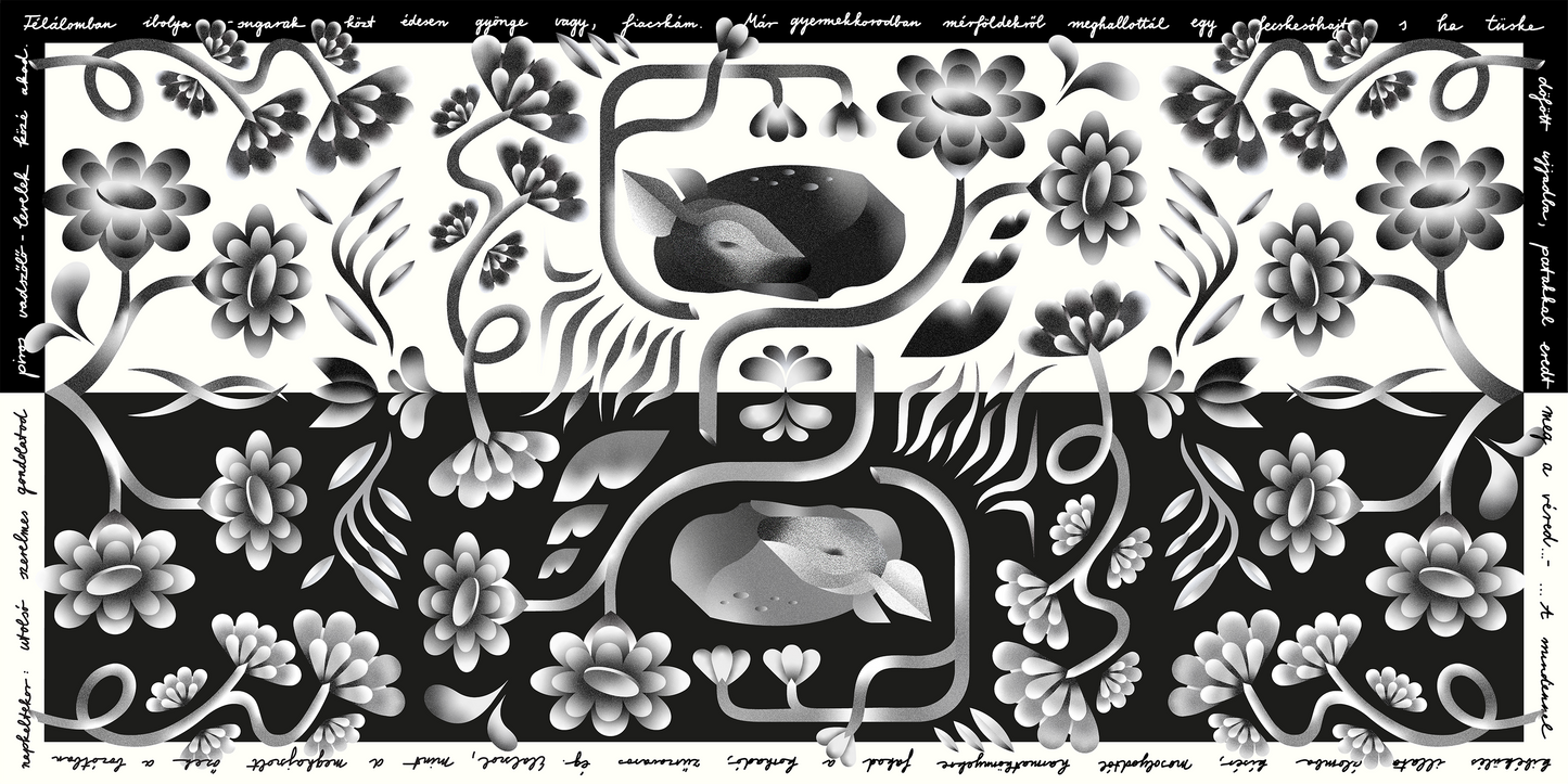 Silk scarf - "Mint az őzek" - 70x140 cm - black/white