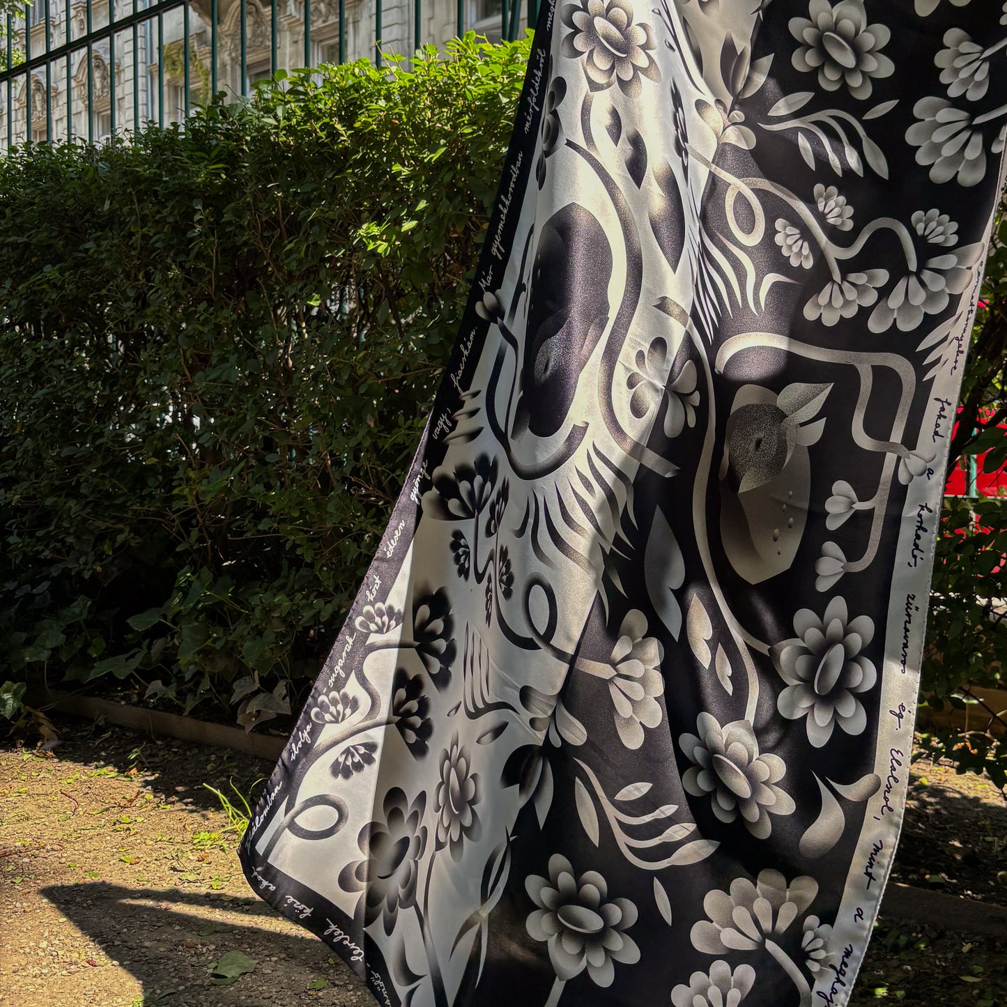 Silk scarf - "Mint az őzek" - 70x140 cm - black/white