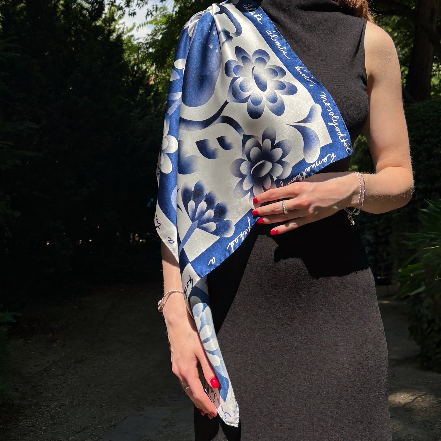 Silk scarf - "Mint az őzek" - 70x70 cm - blue/white