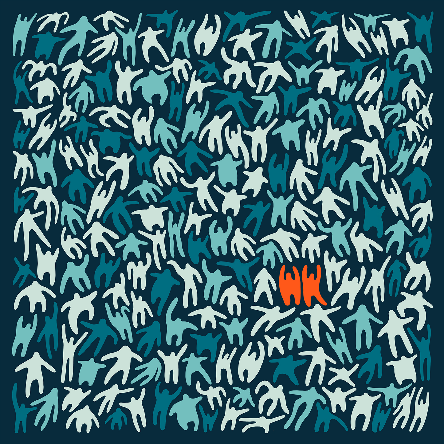 Silk scarf - "Little people" - 70x70 cm - blue/orange