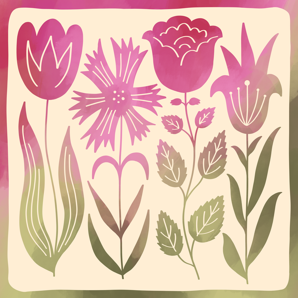 Csapó Júlia- "Pink Flowers" 70x70cm pink-green-beige
