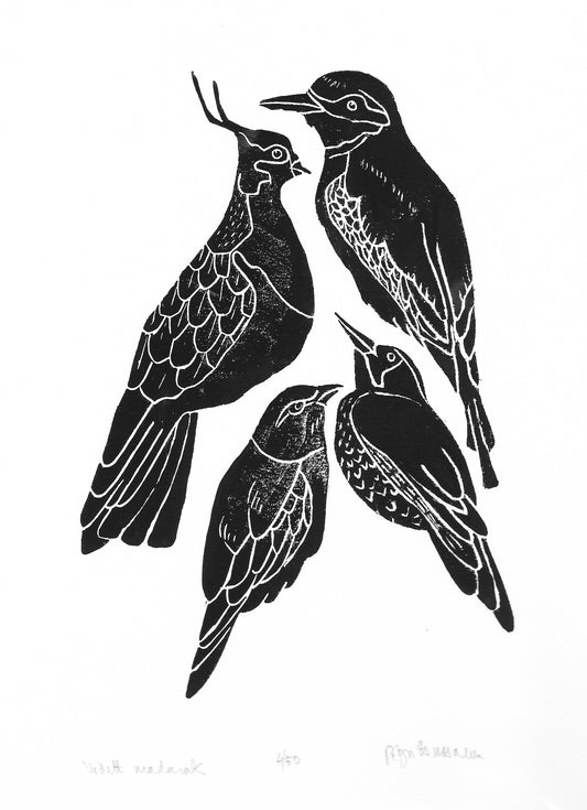 Linocut print - By Zsuzsanna Péger - Védett madarak