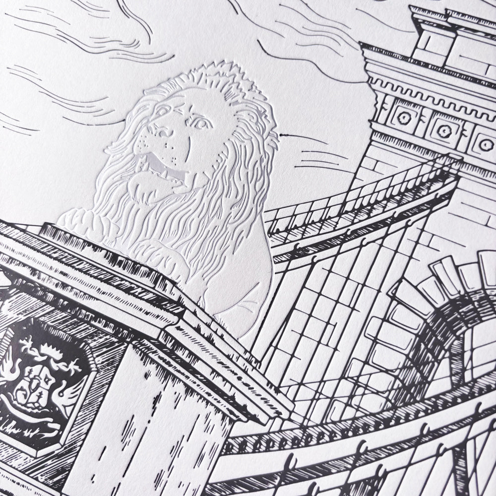 Deboss print - The mute lions of Chain Bridge
