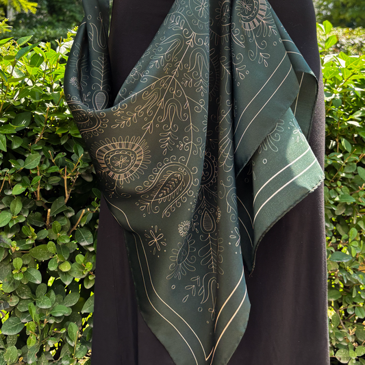 Silk scarf - "Kalotaszegi" - 70x70 cm - green/blush