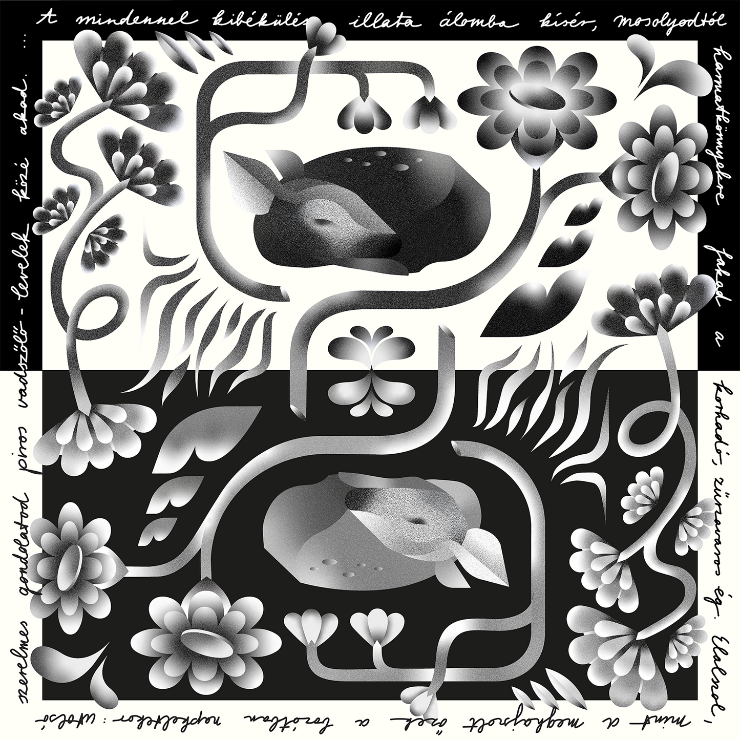Silk scarf - "Mint az őzek" - 70x70 cm - black/white