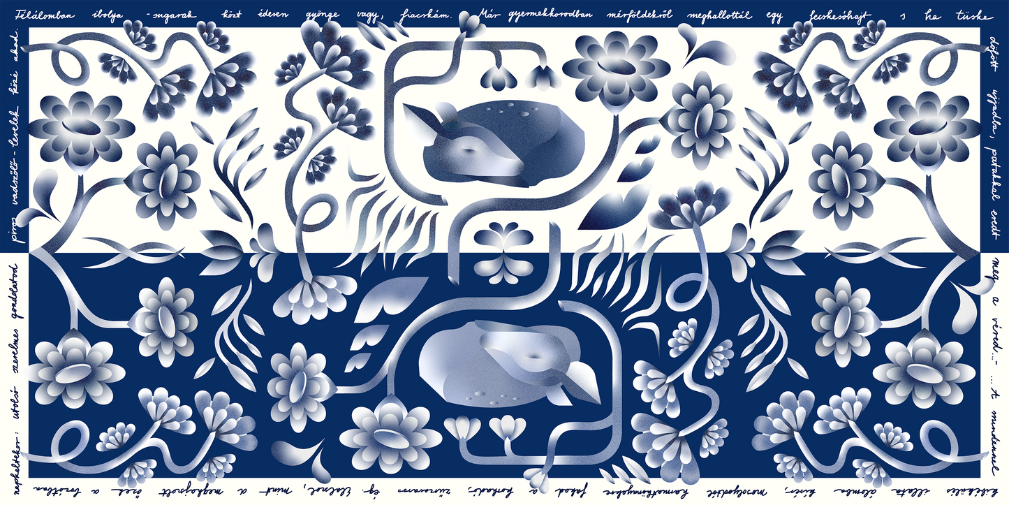 Silk scarf - "Mint az őzek" - 70x140 cm - blue/white