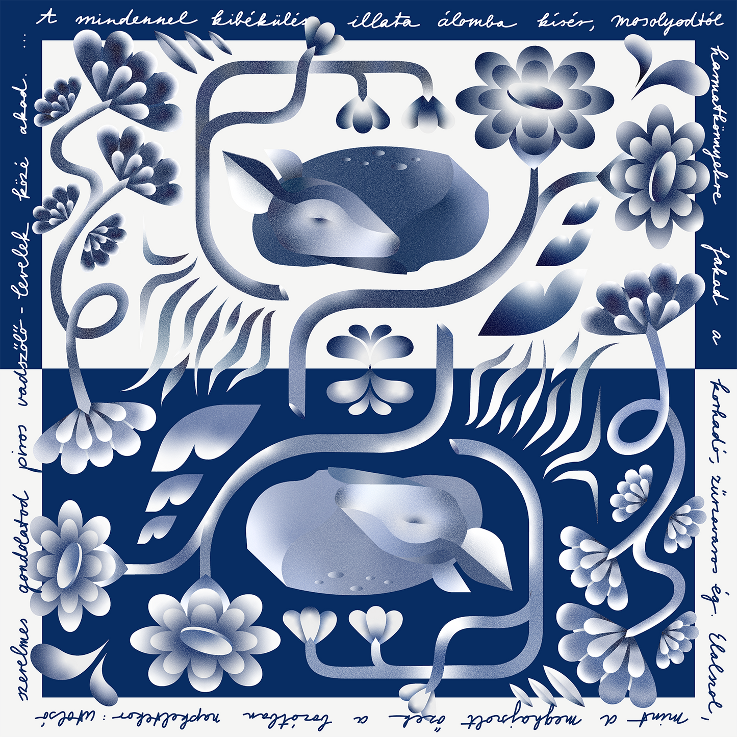 Silk scarf - "Mint az őzek" - 70x70 cm - blue/white