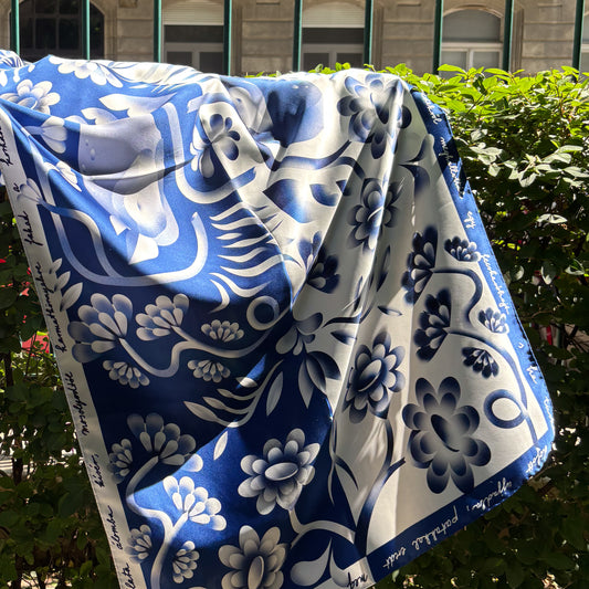 Silk scarf - "Mint az őzek" - 70x140 cm - blue/white