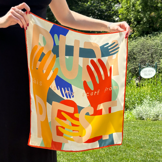 Silk scarf - "This is my scarf from Budapest" - 55x55 cm - orange