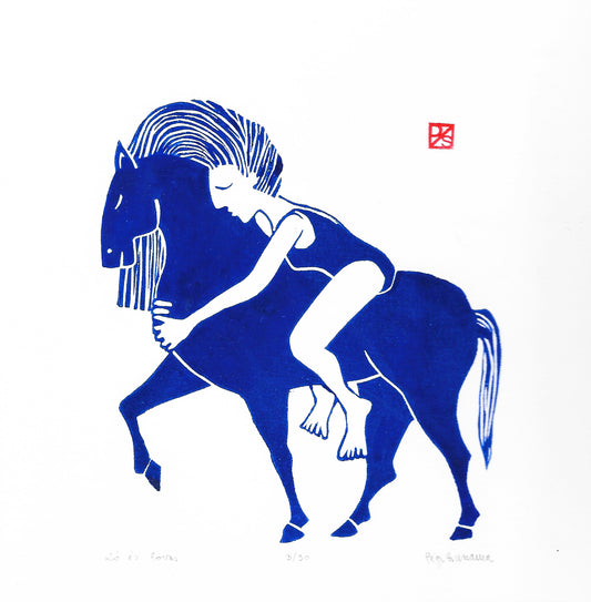 Linocut print - By Zsuzsanna Péger - Horse and Rider